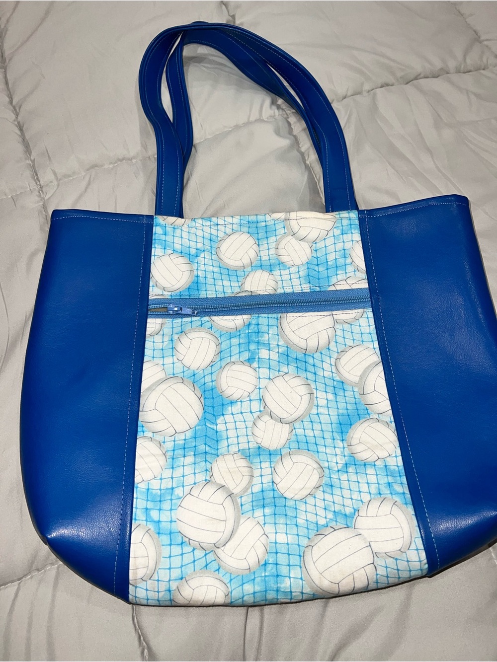 Blue Volleyball-Print Tote Bag with Zip Pocket
